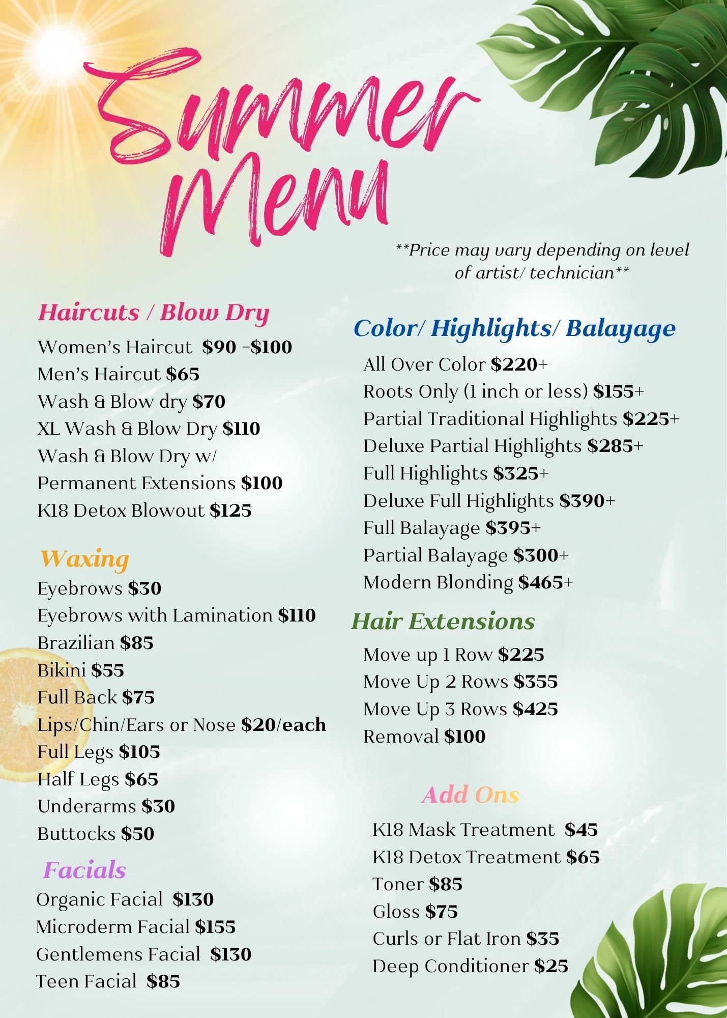 summer menu salon summer menu salon